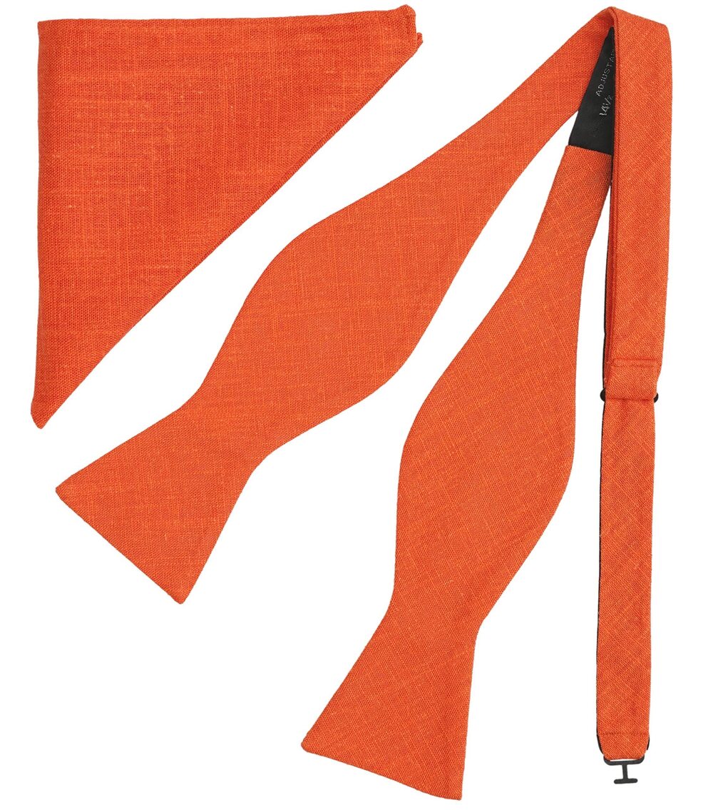 5411 Burnt Orange Bow Tie and Pocket Square Tuexdo, Self-Tied Cotton Linen